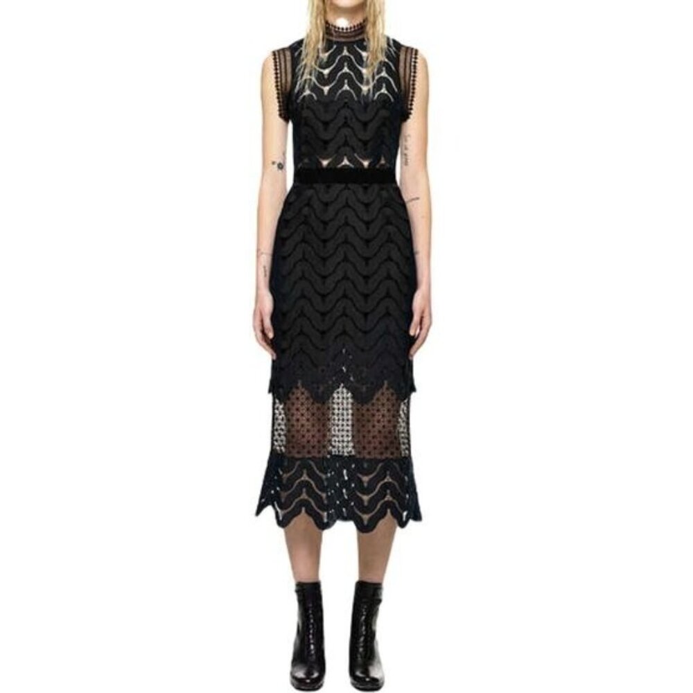 Black Lace Sleeveless‎ Tiered Midi Dress Small